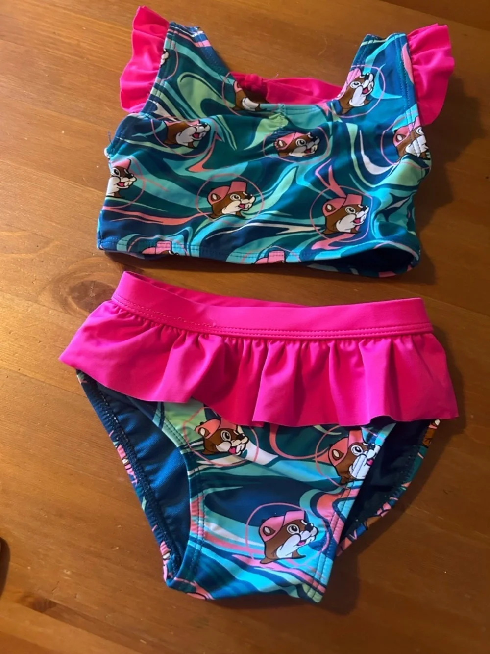Girls Bucees Two-Piece Ruffle Bikini Swim Set - Teal & Hot Pink 2T